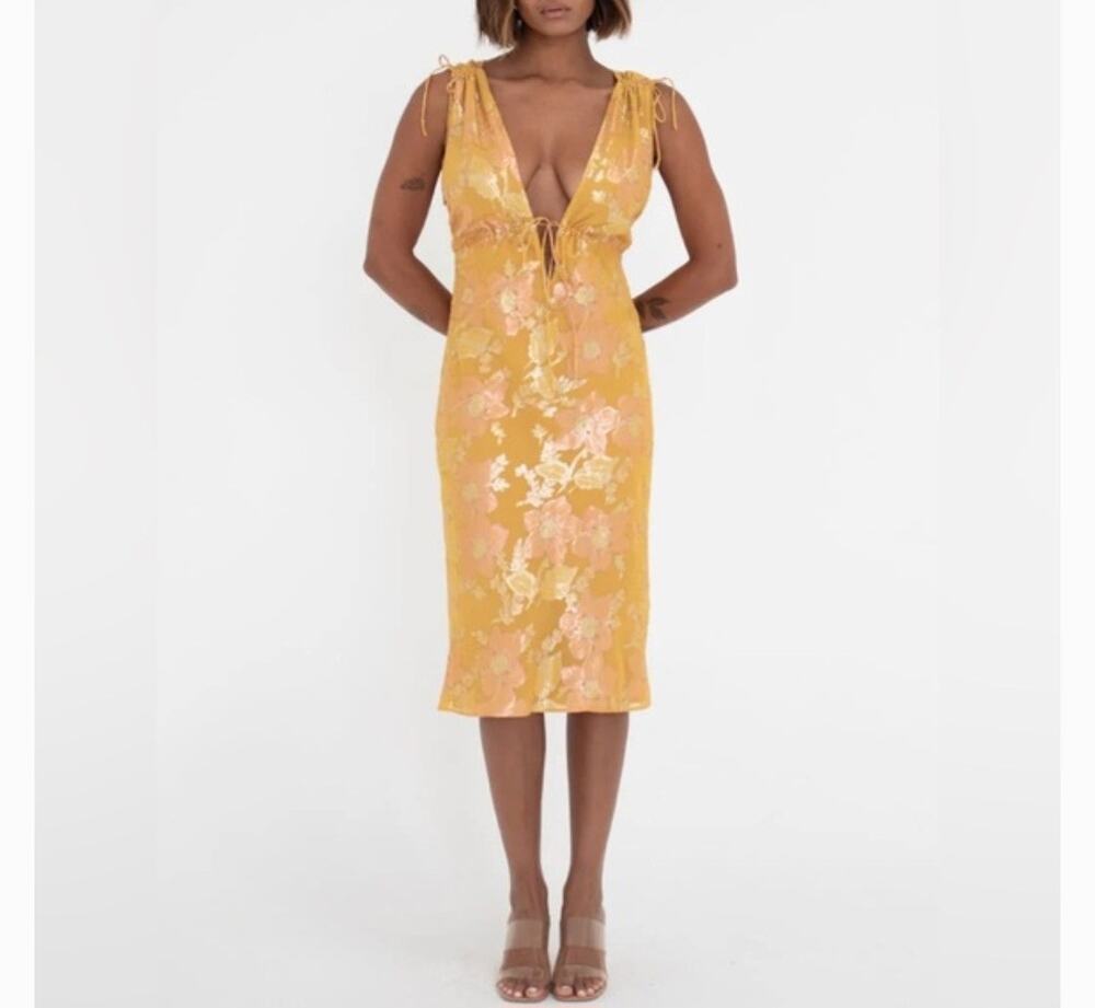 Rumored Paradise Silk Lurex Midi Dress Small S NWT Golden Hour Floral Chiffon